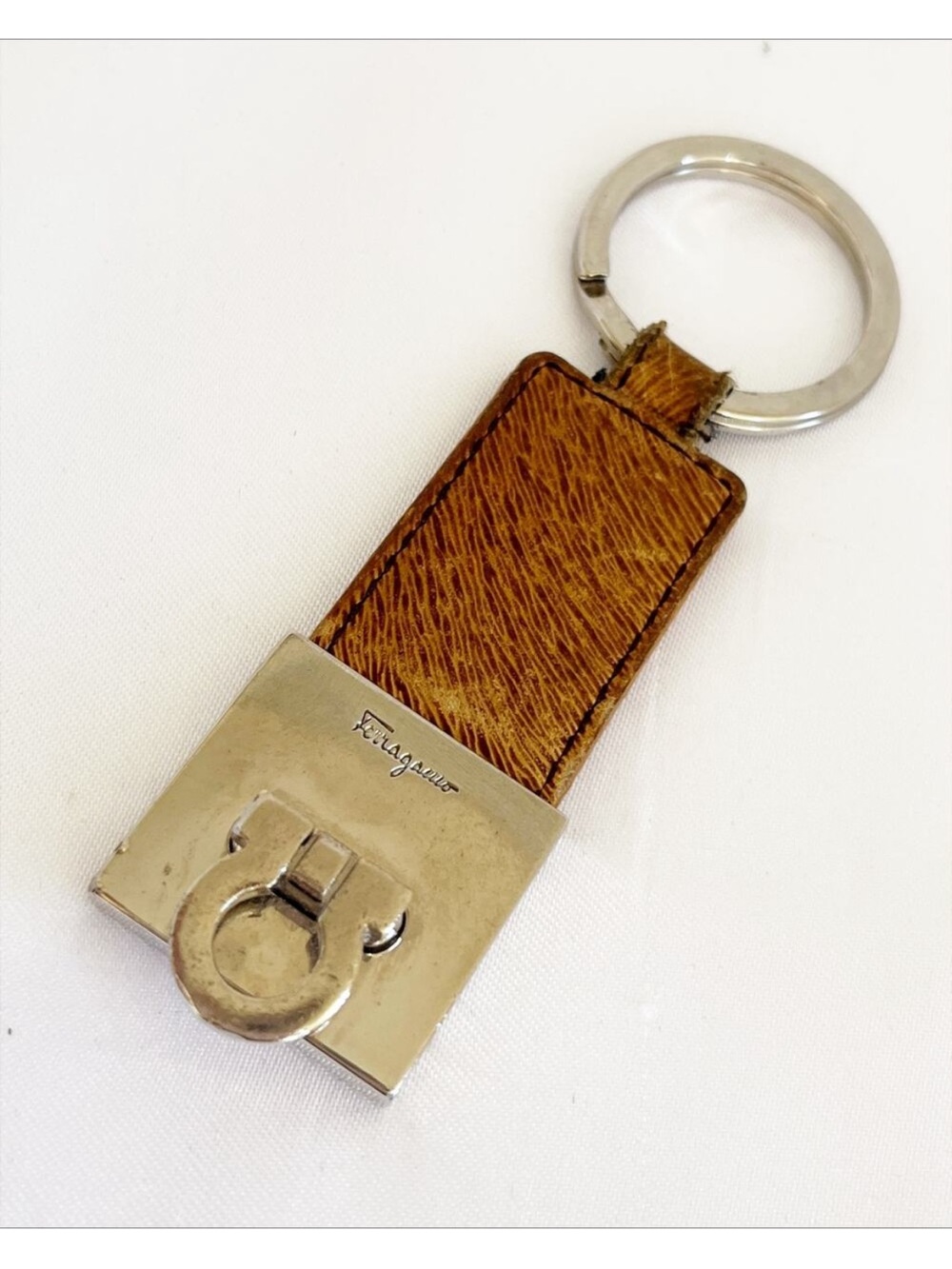 Salvatore Ferragamo Tan Leather Keyring with Silver-Tone Hardware